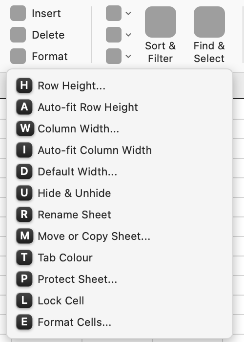 An open Format dropdown with a letter in front of each item, such as H for Row Height and I for Auto-fit Column Width.