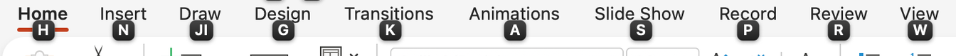PowerPoint's tab names Home, Insert, Draw, Design, Transitions, Animations, Slide Show, Record, Review and View, with the letters H, N, JI, G, K, A, S, P, R and W under them.