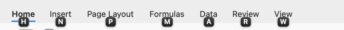 The tab names Home, Insert, Page Layout, Formulas, Data, Review and View, with the letters H, N, P, M, A, R and W under them.