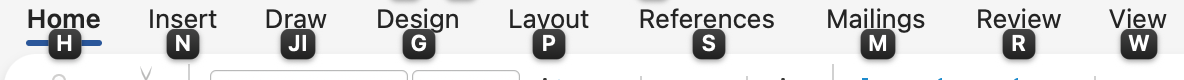 Word's tab names Home, Insert, Draw, Design, Layout, References, Mailings, Review and View, with the letters H, N, JI, G, P, S, M, R and W under them.